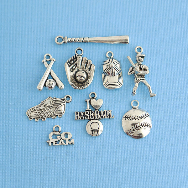 Collection de breloques de baseball ton argent antique 9 breloques différentes - COL054