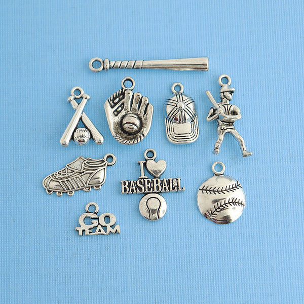 Baseball Charm Collection Antique Silver Tone 9 Different Charms - COL054