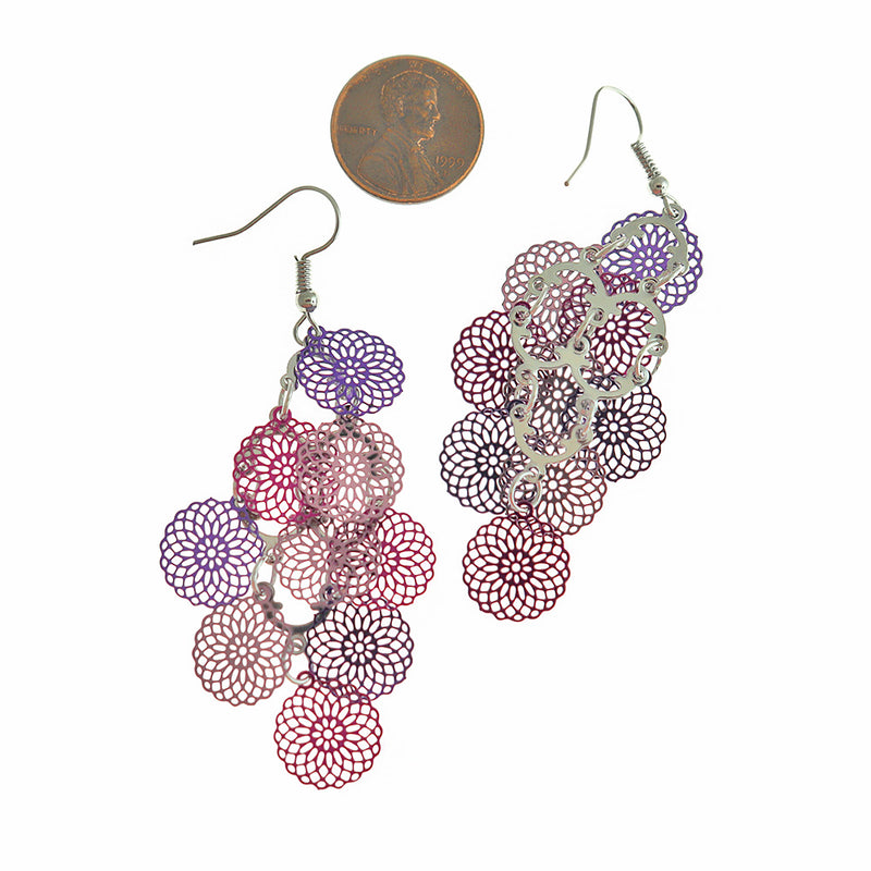 Purple Filigree Brass Dangle Earrings - Silver Tone French Hook Style - 2 Pieces 1 Pair - ER596