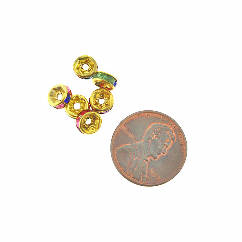 Rondelle Spacer Beads 6mm x 2mm - Gold Tone with Multi-Color Rhinestones - 25 Beads - SC8022