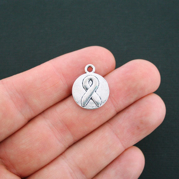 5 Hope Awareness Ribbon Antique Silver Tone Charms 2 Sided - SC1013