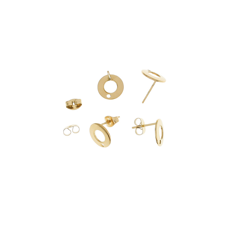 Gold Stainless Steel Earrings - Circle Studs With Loop - 10mm - 2 Pieces 1 Pair - ER323
