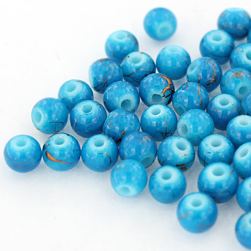 Round Glass Beads 6mm - Blue With Gold - 50 Beads - BD189
