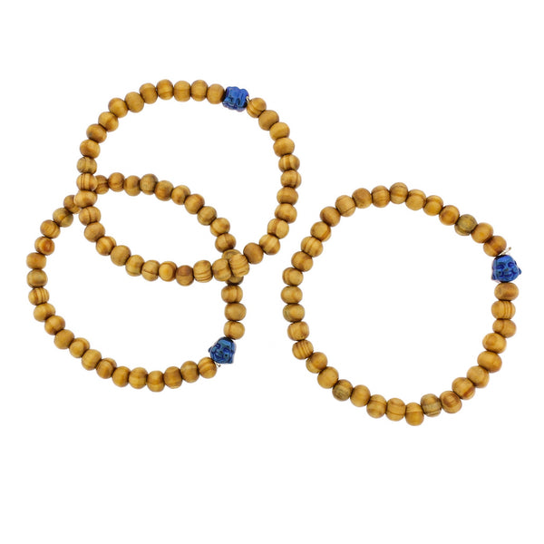 Round Wood Bead Bracelet - 59mm - Blue Resin Buddha - 1 Bracelet - BB077