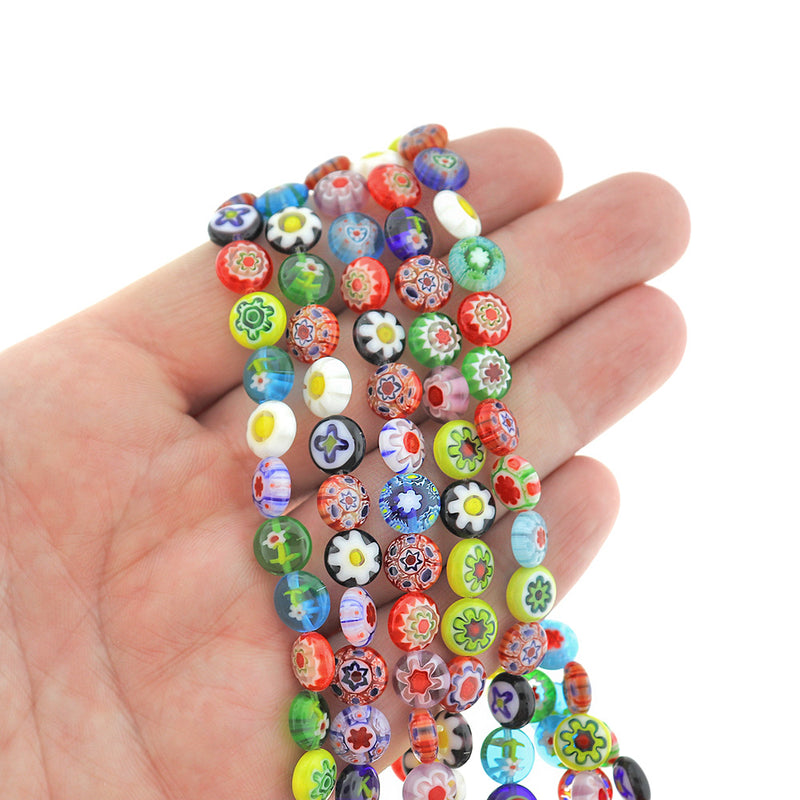 Perles de Verre Rondes Plates 8mm x 4mm - Assortiment Floral Millefiori - 1 Rang 52 Perles - BD2398