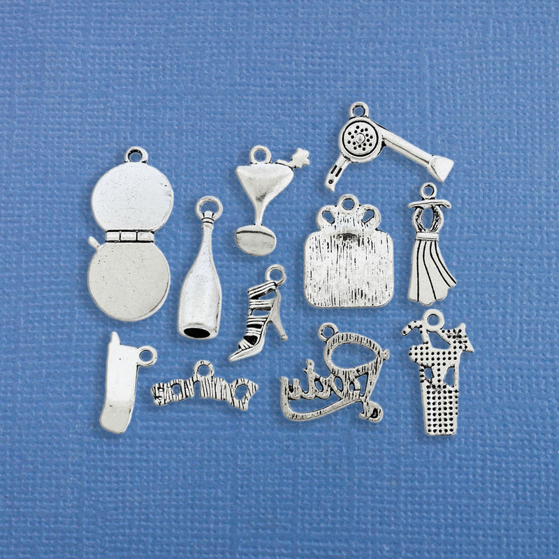 Girl's Night Out Charm Collection Antique Silver Tone 10 Different Charms - COL160