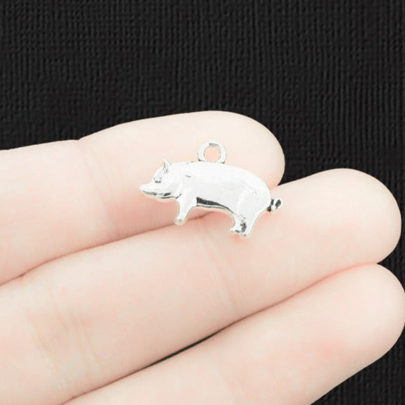 10 Pig Antique Silver Tone Charms 2 Sided - SC1429
