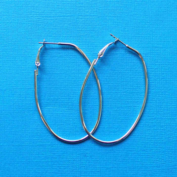 Silver Tone Earrings - Hoop Wires Oval - 59mm x 37mm - 4 Pieces 2 Pairs - Z163