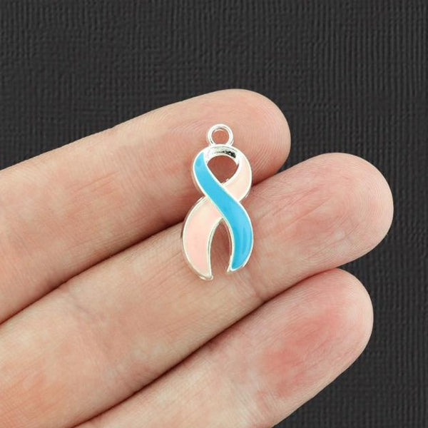 2 Pink and Blue Awareness Ribbon Silver Tone Enamel Charms - E255