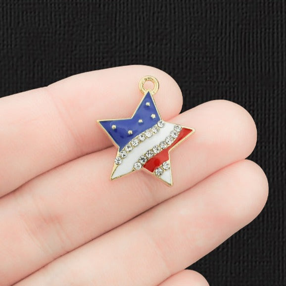 4 American Flag Star Gold Tone Enamel Charms with Inset Rhinestones - E248