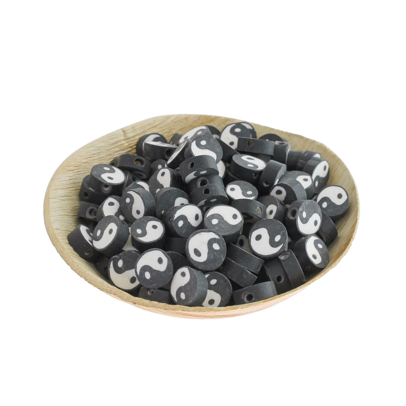 Flat Round Polymer Clay Beads 10mm x 4mm - Yin Yang - 25 Beads - BD1359