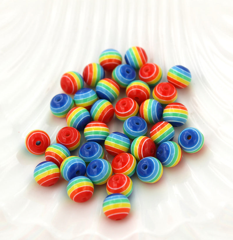 Perles Rondes en Résine 8mm - Rainbow Stripe - 50 Perles - BD004