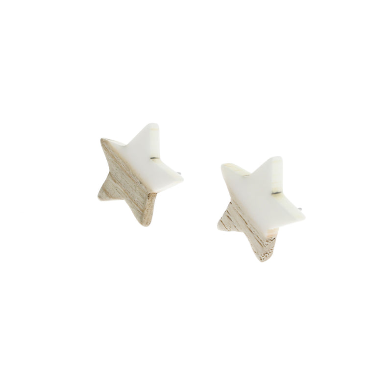 Wood Stainless Steel Earrings - White Resin Star Studs - 18mm x 17mm - 2 Pieces 1 Pair - ER138