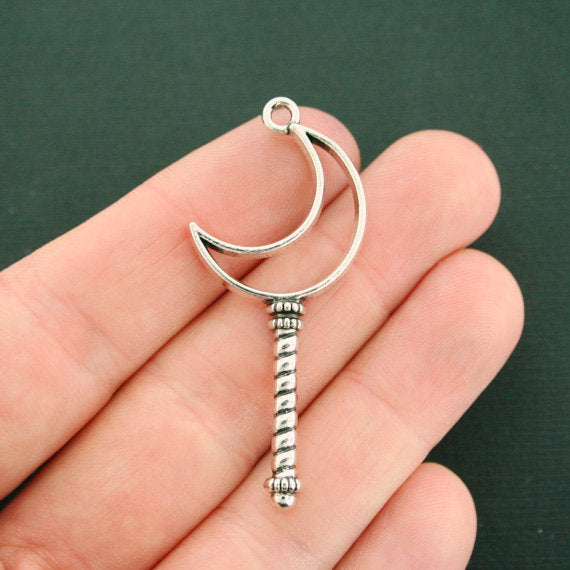 5 Crescent Moon Wand Antique Silver Tone Charms - SC7597