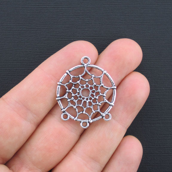 4 Dreamcatcher Connector Antique Silver Tone Charms 2 Sided - SC3384