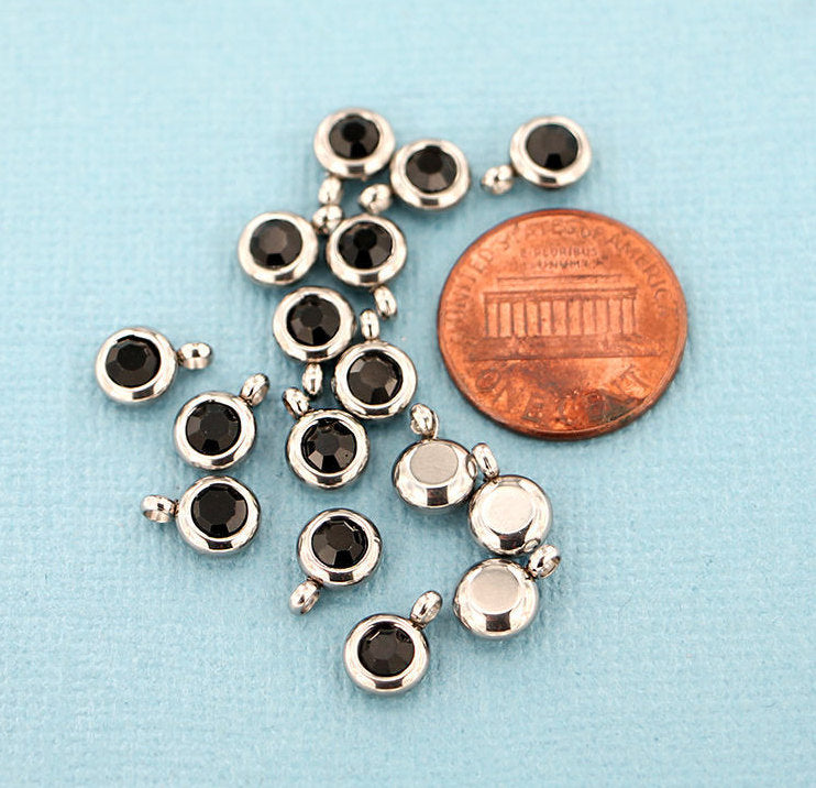 5 Onyx Rhinestone Silver Tone Stainless Steel Charms - FD141