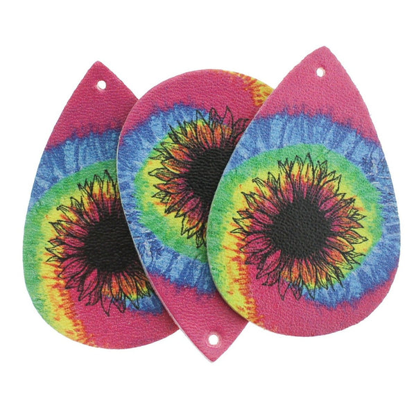 Imitation Leather Teardrop Pendants - Sunflower Tie-dye - 4 Pieces - LP131