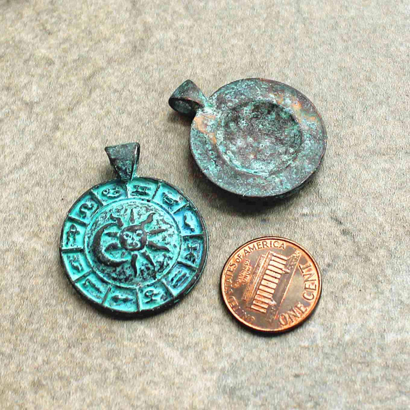 Zodiac Pendant Antique Copper Tone Mykonos Charm with Green Patina - BC1528