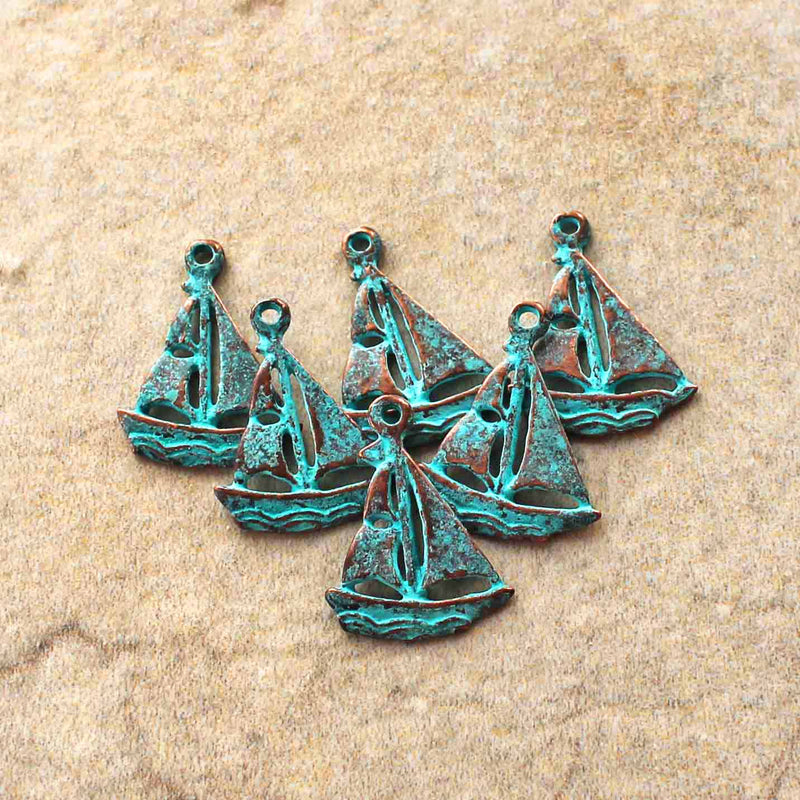 2 Sailboat Antique Copper Tone Mykonos Charms with Green Patina 2 Sided - BC1552
