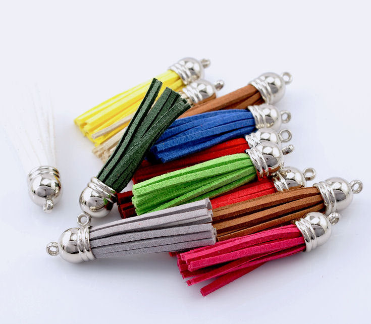 Faux Suede Tassels - Assorted Rainbow and Silver Tone - 6 Pieces - LLSilver