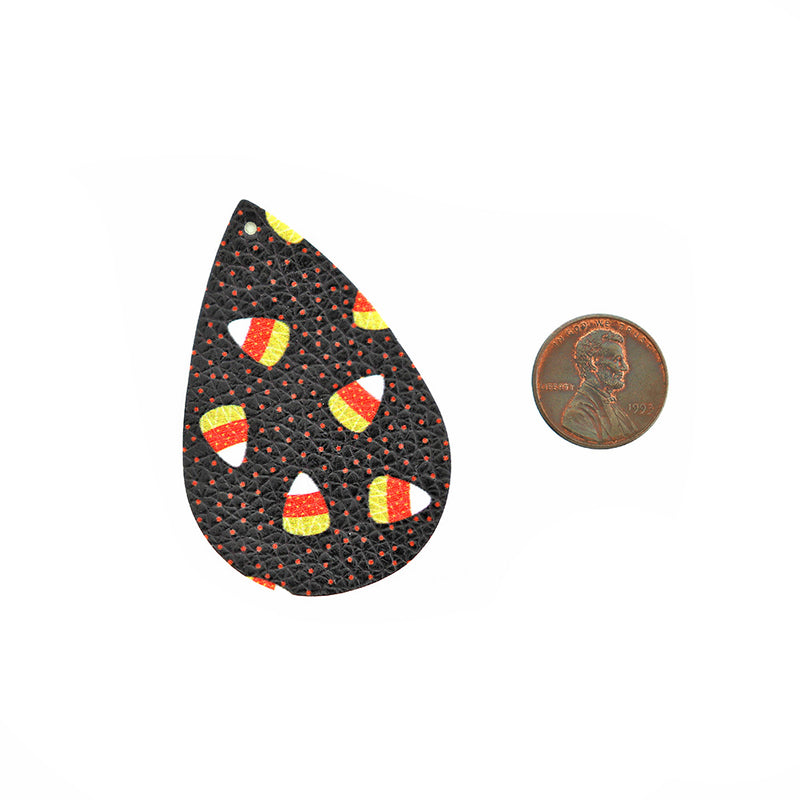 Imitation Leather Teardrop Pendants - Black Candy Corn - 4 Pieces - LP114
