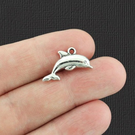 10 Dolphin Antique Silver Tone Charms 2 Sided - SC2881