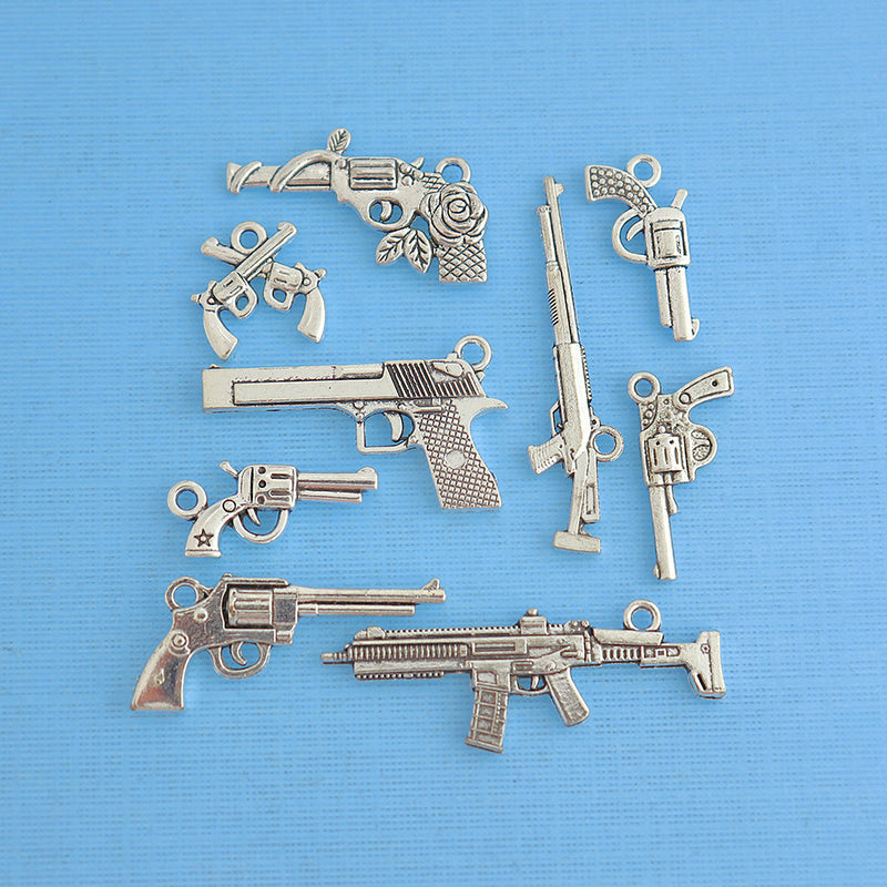 Gun Charm Collection Antique Silver Tone 9 Different Charms - COL133