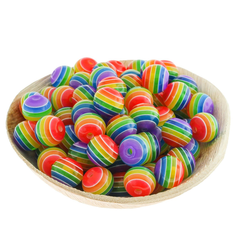 Round Acrylic Beads 12mm - Rainbow Stripe - 25 Beads - BD1086