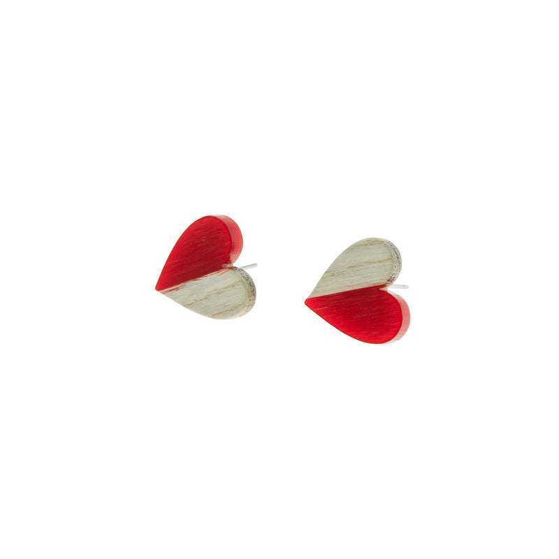 Wood Stainless Steel Earrings - Red Resin Heart Studs - 15mm x 14mm - 2 Pieces 1 Pair - ER133