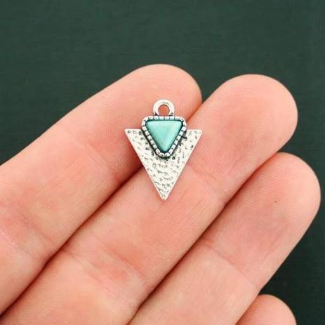 4 Turquoise Triangle Antique Silver Tone Charms With Imitation Turquoise - SC6660