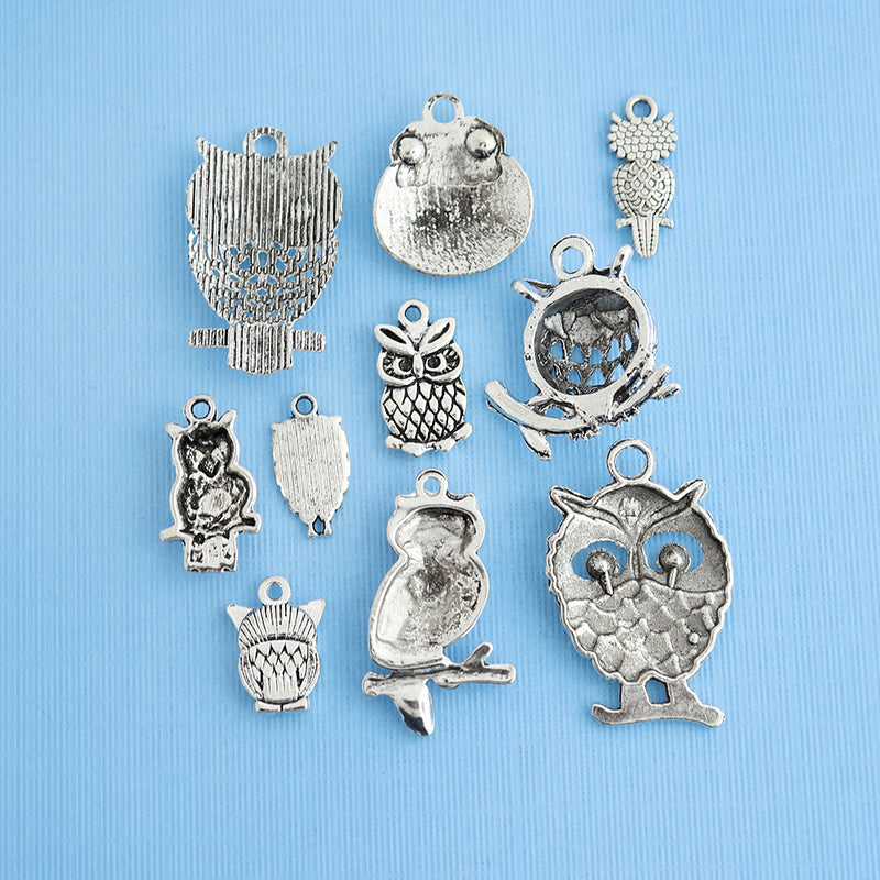 Owl Charm Collection Antique Silver Tone - 10 Different Charms - COL005