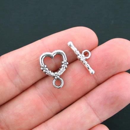 Heart Silver Tone Toggle Clasps 16mm x 12mm - 6 Sets 12 Pieces - SC4557
