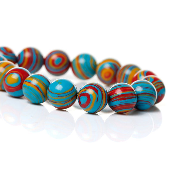 Round Synthetic Malachite Beads 8mm - Red, Turquoise and Yellow Swirl - 1 Strand 42 Beads - BD532