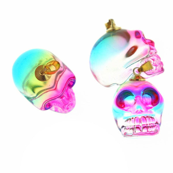Rainbow Electroplated Skull Glass Pendant Gold Tone Charm 3D - Z181