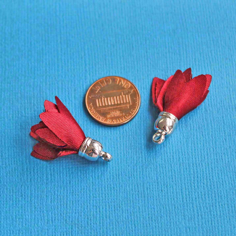 Polyester Tassels with Cap - Red and Silver Tone - 5 Pieces - Z355