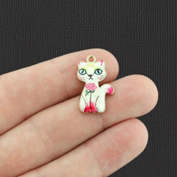 4 Pink and White Cat Gold Tone Enamel Charms - E498