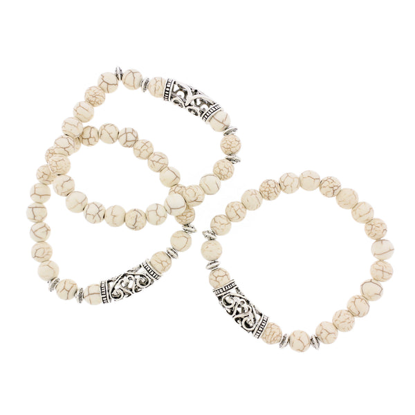 Bracelets de perles rondes en howlite blanche 56 mm - Bélière argentée antique - 5 bracelets - BB244