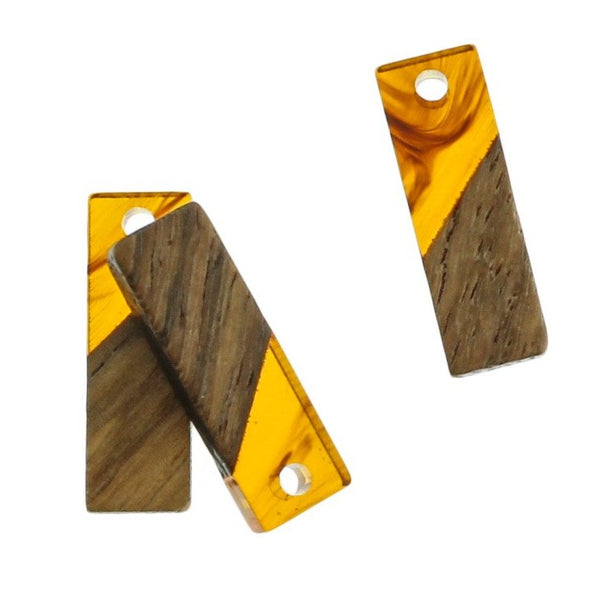 4 breloques rectangle en bois naturel et tourbillon marron en résine 20mm - WP259