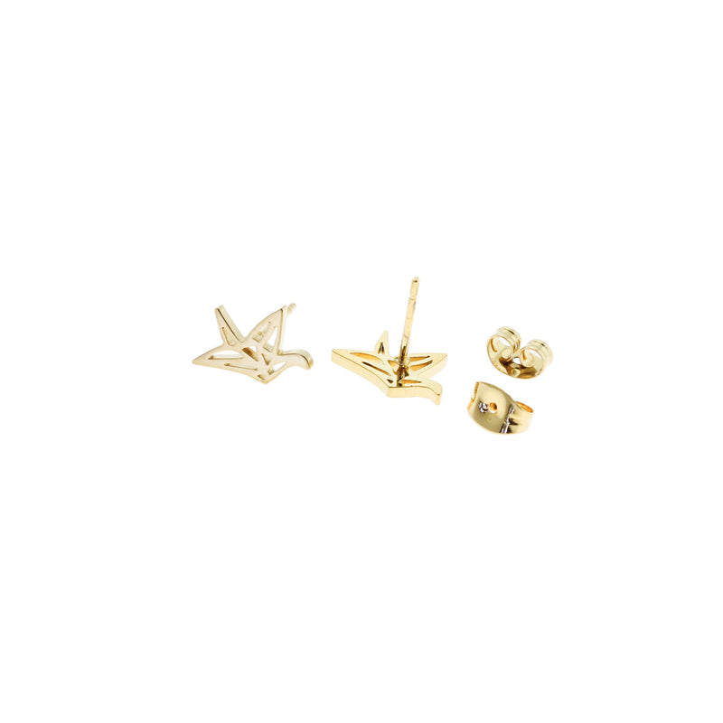 Gold Stainless Steel Earrings - Origami Crane Studs - 12mm x 8mm - 2 Pieces 1 Pair - ER121
