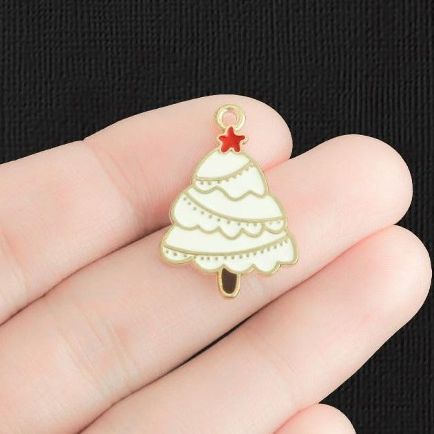 4 White Christmas Tree Gold Tone Enamel Charms - E220