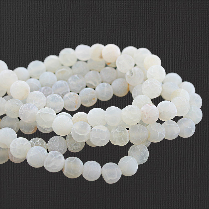 Perles rondes en agate naturelle 8 mm - Craquelé blanc givré - 1 brin 46 perles - BD1734
