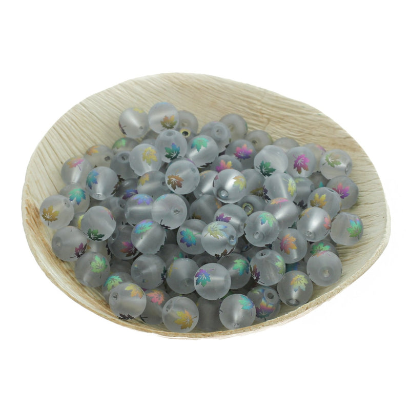 Perles de verre rondes 8 mm - Feuille d'érable galvanisée transparente givrée - 20 perles - BD301