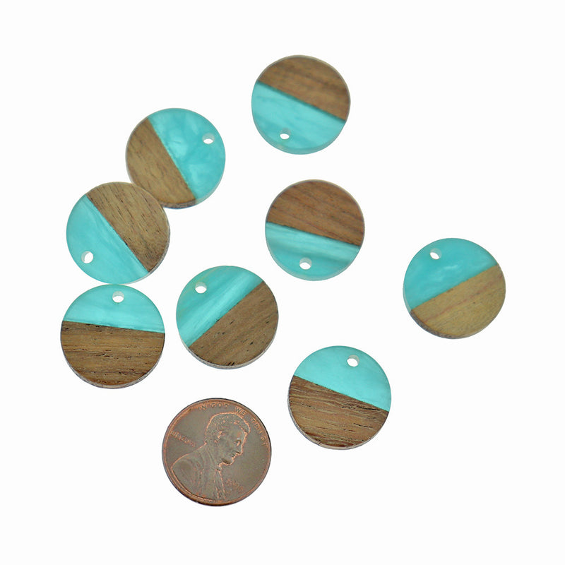 4 Round Natural Wood and Turquoise Blue Resin Charms 18mm - WP128