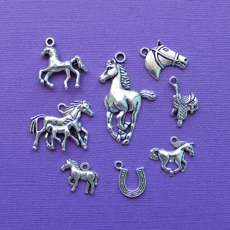 Horse Charm Collection Antique Silver Tone 8 Different Charms COL014