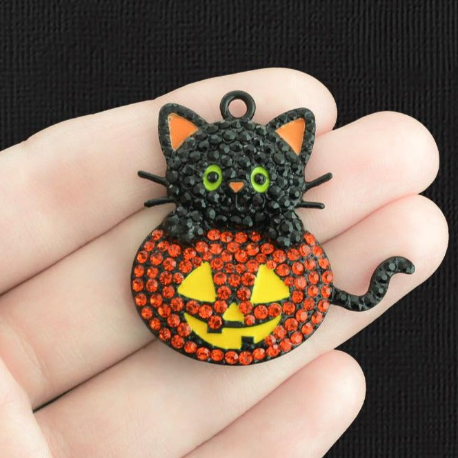 Cat With Pumpkin Black Enamel Charm - E753