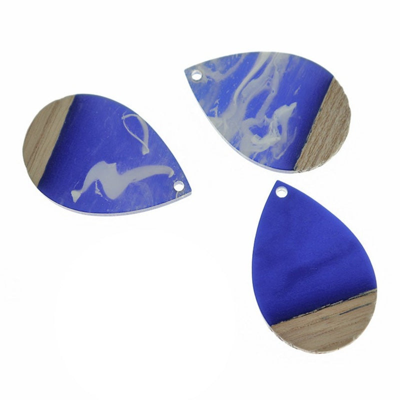 2 Teardrop Natural Wood and Blue Swirled Resin Charms 36mm - WP556