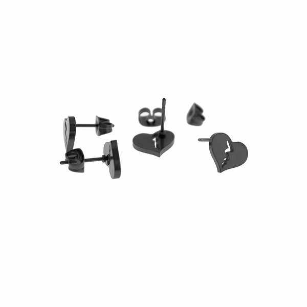 Black Tone Stainless Steel Earrings - Broken Heart Studs - 10mm - 2 Pieces 1 Pair - ER876