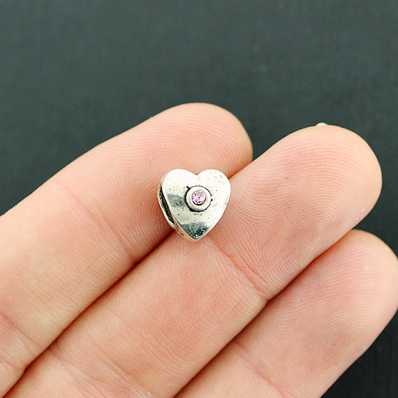 Perles intercalaires coeur 10mm x 10mm - ton argent avec strass rose - 4 perles - SC1780