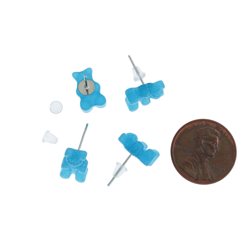 Resin Earrings - Blue Candy Bear Studs - 12mm x 8mm - 2 Pieces 1 Pair - ER385