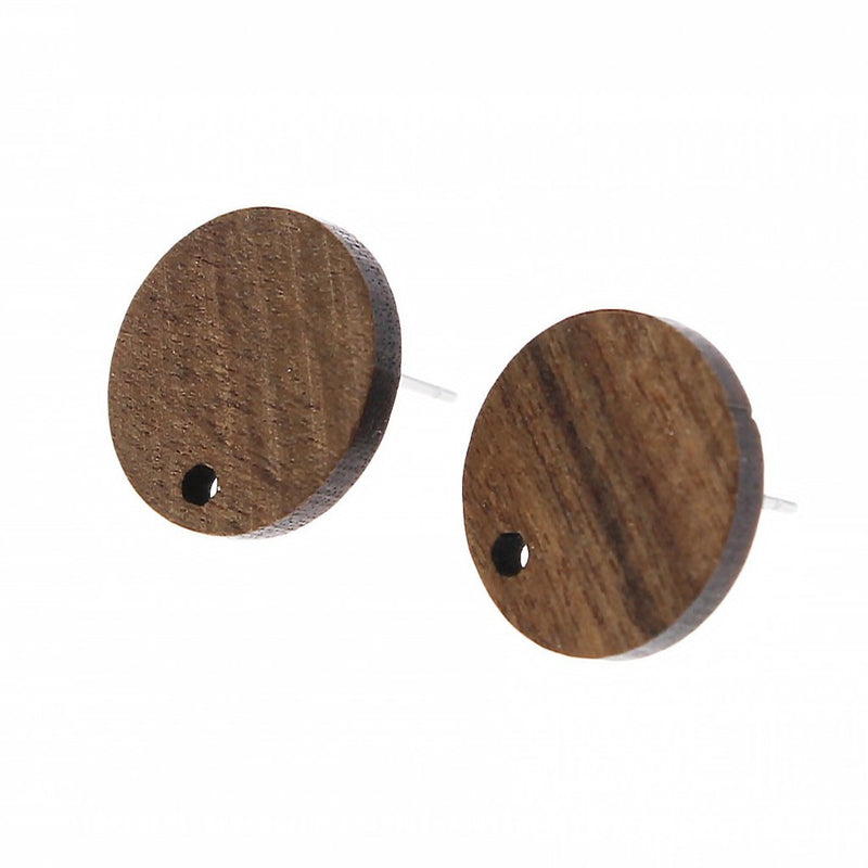 Wood Stainless Steel Earrings - Flat Round Studs - 15mm x 15mm - 2 Pieces 1 Pair - ER024